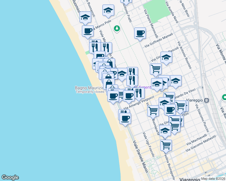 map of restaurants, bars, coffee shops, grocery stores, and more near 38/B Viale Giosuè Carducci in Viareggio