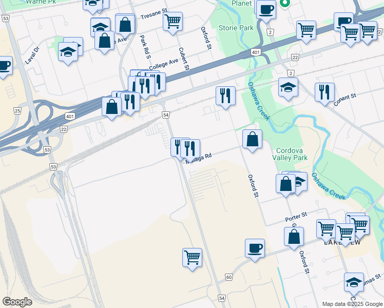 map of restaurants, bars, coffee shops, grocery stores, and more near in Oshawa