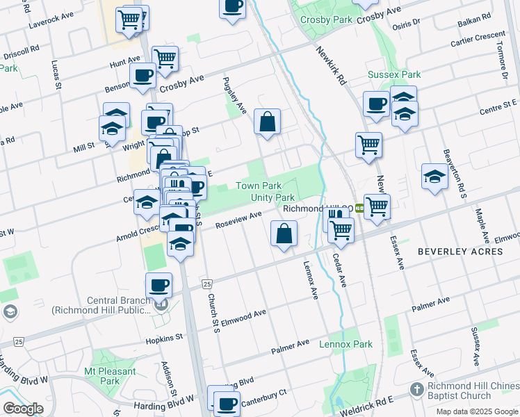 map of restaurants, bars, coffee shops, grocery stores, and more near 111 Roseview Avenue in Richmond Hill