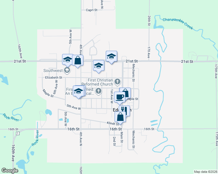 map of restaurants, bars, coffee shops, grocery stores, and more near 150 Center St S in Edgerton