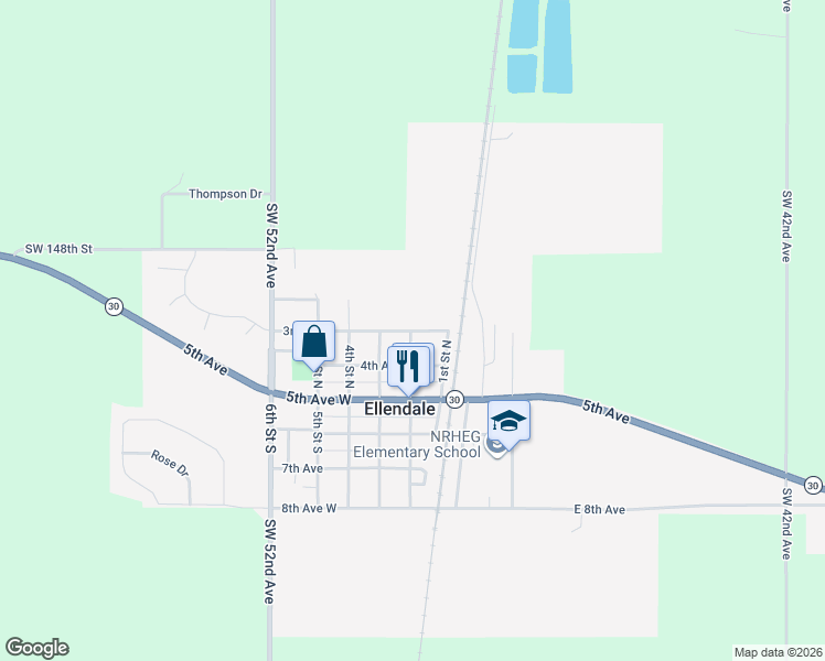 map of restaurants, bars, coffee shops, grocery stores, and more near 304 3rd Avenue in Ellendale