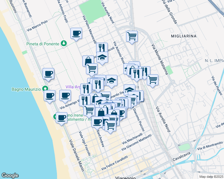 map of restaurants, bars, coffee shops, grocery stores, and more near 92 Via Edmondo de Amicis in Viareggio