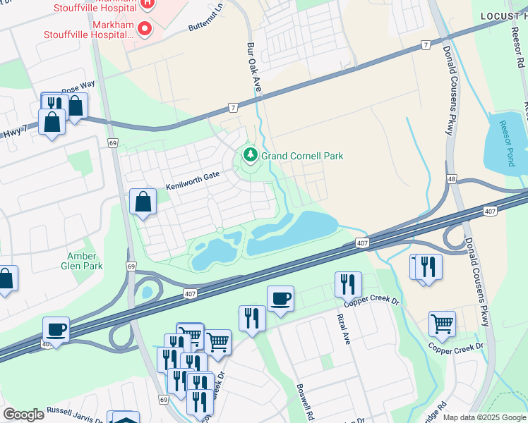 map of restaurants, bars, coffee shops, grocery stores, and more near 29 Oakmoor Lane in Markham
