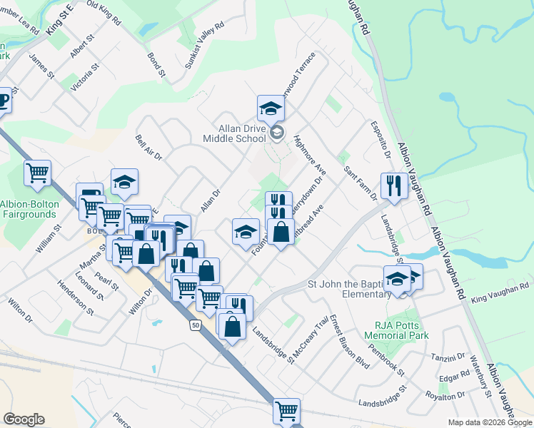 map of restaurants, bars, coffee shops, grocery stores, and more near 54 Fountainbridge Drive in Caledon