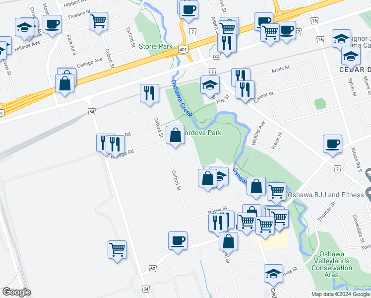 map of restaurants, bars, coffee shops, grocery stores, and more near 835 Oxford Street in Oshawa