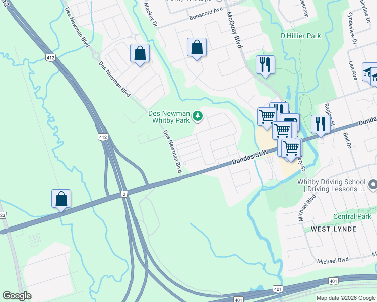 map of restaurants, bars, coffee shops, grocery stores, and more near 22 Goldeye Street in Whitby