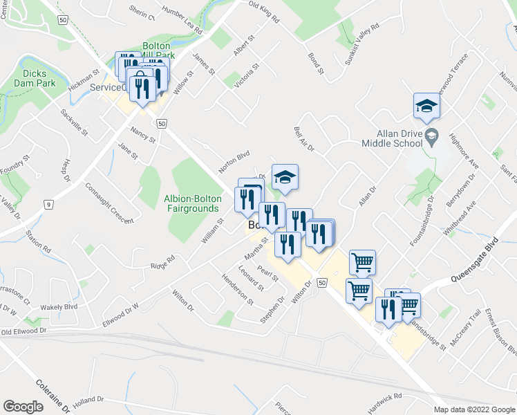 map of restaurants, bars, coffee shops, grocery stores, and more near 249 Leavens Court in Caledon