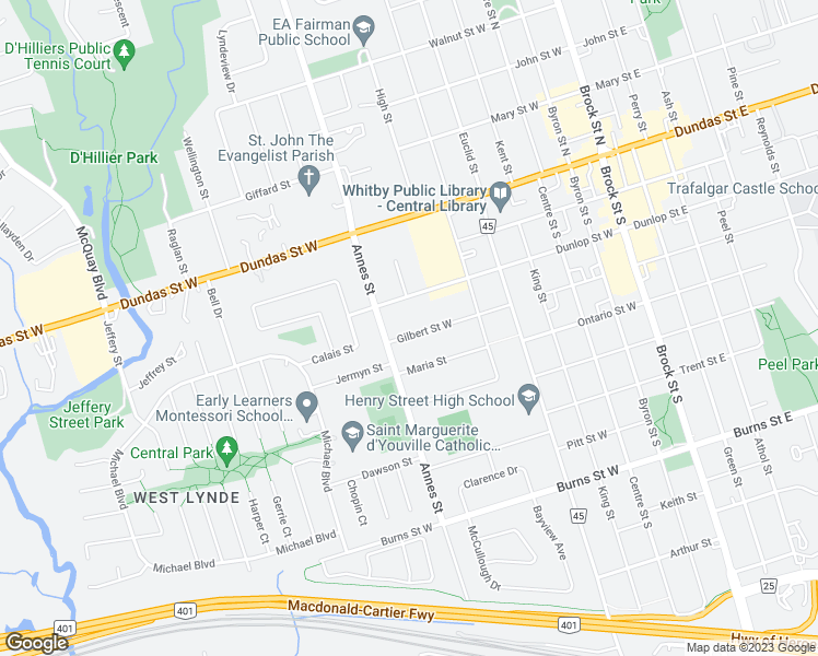 map of restaurants, bars, coffee shops, grocery stores, and more near 714 Gilbert Street West in Whitby