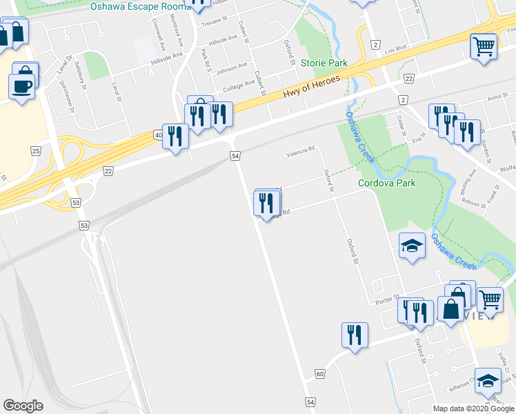 map of restaurants, bars, coffee shops, grocery stores, and more near 781 Park Road South in Oshawa