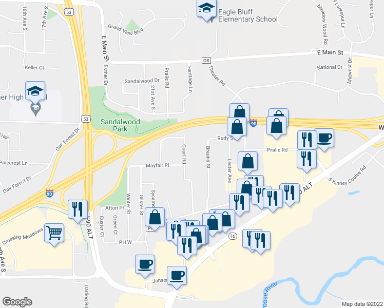 map of restaurants, bars, coffee shops, grocery stores, and more near 553 Court Road in Onalaska