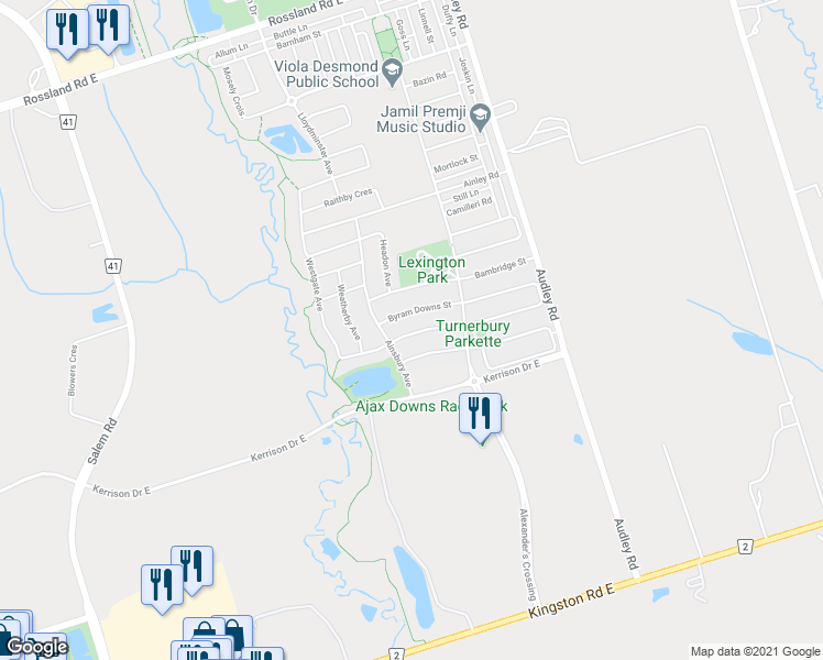 map of restaurants, bars, coffee shops, grocery stores, and more near 12 Slader Heights Street in Ajax