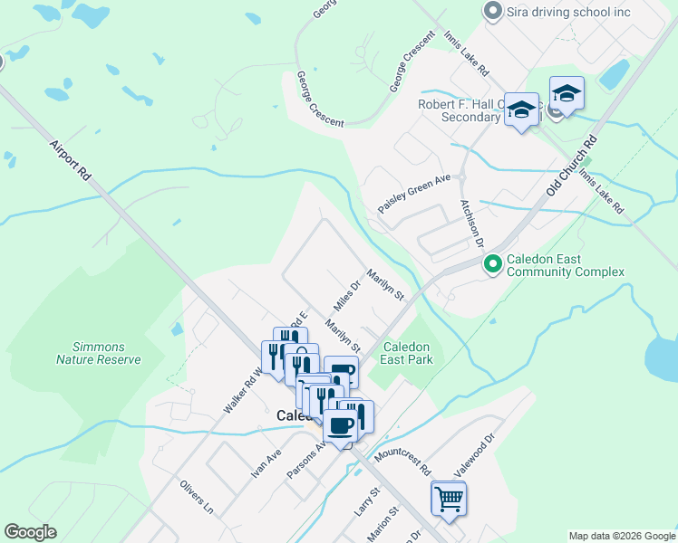 map of restaurants, bars, coffee shops, grocery stores, and more near 5 McLeod Court in Caledon East