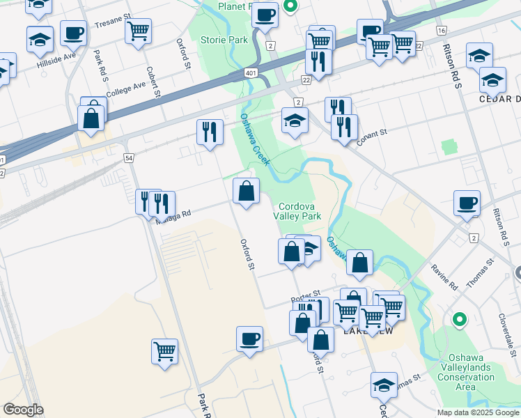 map of restaurants, bars, coffee shops, grocery stores, and more near 835 Oxford Street in Oshawa