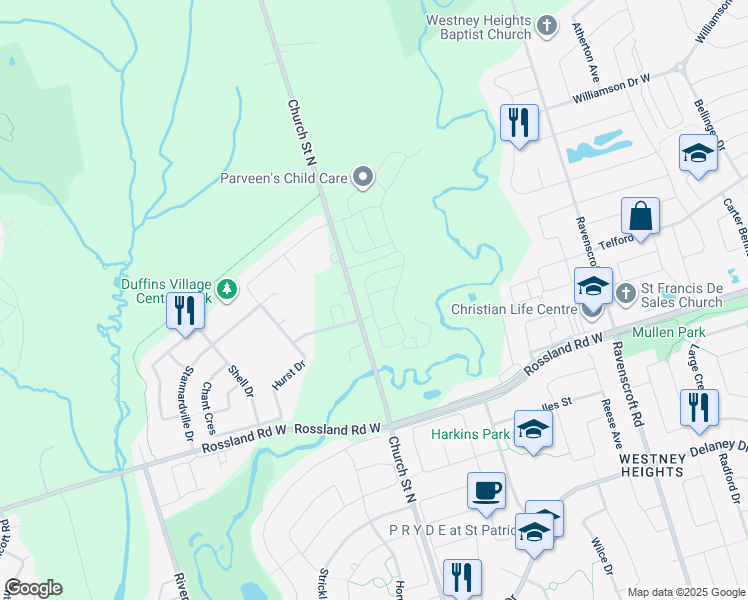 map of restaurants, bars, coffee shops, grocery stores, and more near 86 Workmen's Circle in Ajax