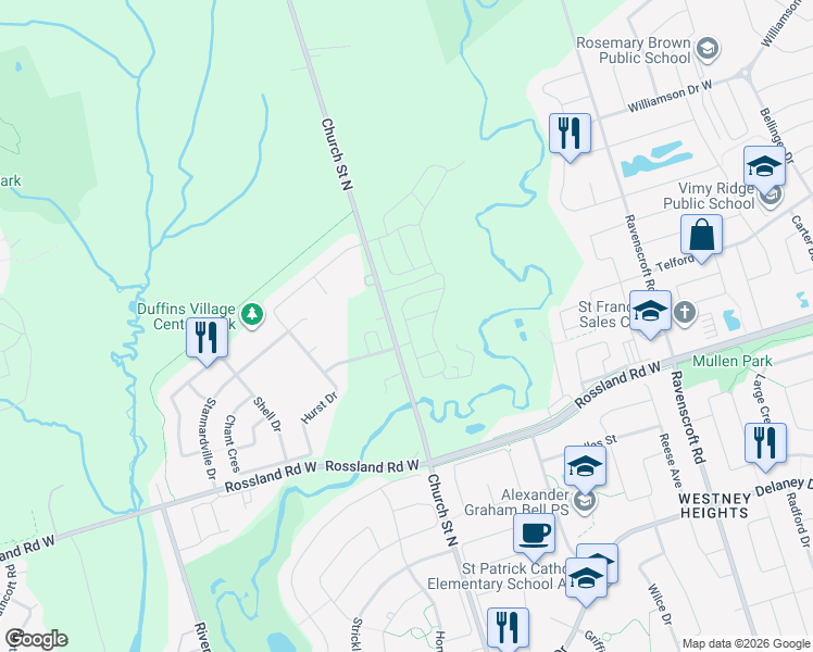 map of restaurants, bars, coffee shops, grocery stores, and more near 104 Workmen's Circle in Ajax
