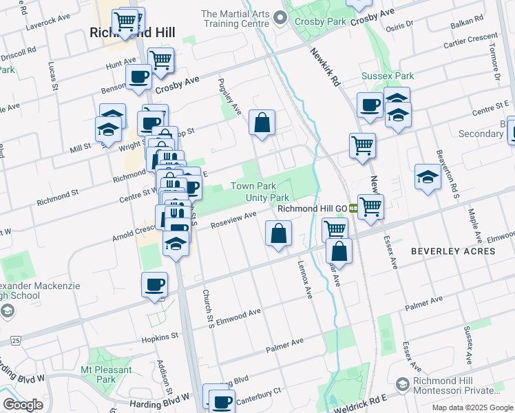 map of restaurants, bars, coffee shops, grocery stores, and more near 115 Roseview Avenue in Richmond Hill