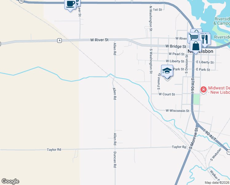 map of restaurants, bars, coffee shops, grocery stores, and more near 669 Allen Road in New Lisbon
