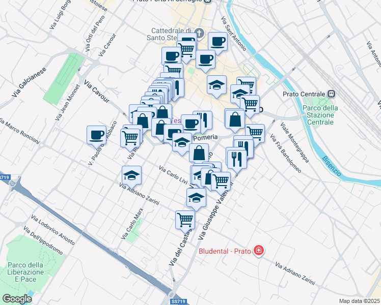 map of restaurants, bars, coffee shops, grocery stores, and more near 28 Via Fratelli Giachetti in Prato