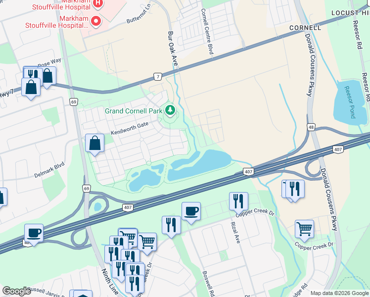 map of restaurants, bars, coffee shops, grocery stores, and more near 21 Oakmoor Lane in Markham