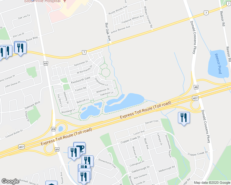 map of restaurants, bars, coffee shops, grocery stores, and more near 21 Oakmoor Lane in Markham