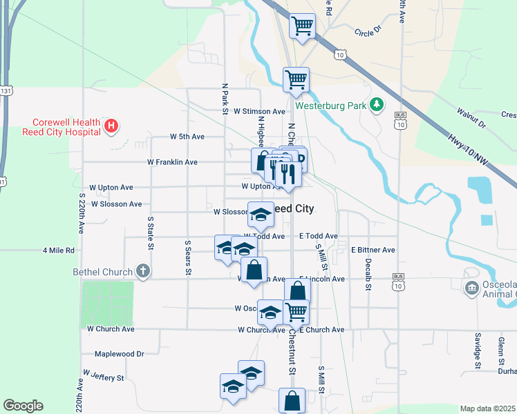 map of restaurants, bars, coffee shops, grocery stores, and more near 214 West Slosson Avenue in Reed City
