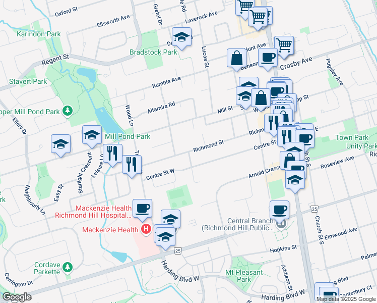 map of restaurants, bars, coffee shops, grocery stores, and more near Richmond Street in Richmond Hill