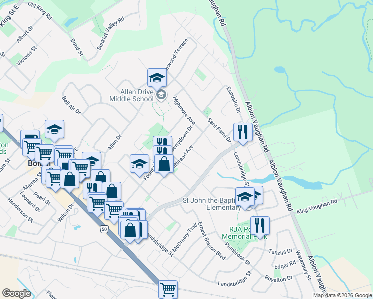 map of restaurants, bars, coffee shops, grocery stores, and more near 50 Whitbread Avenue in Bolton