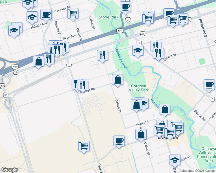 map of restaurants, bars, coffee shops, grocery stores, and more near 243 Malaga Road in Oshawa