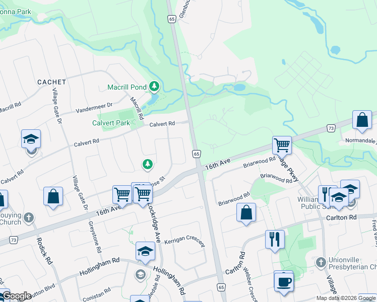 map of restaurants, bars, coffee shops, grocery stores, and more near 91 Reansbury Crescent in Markham