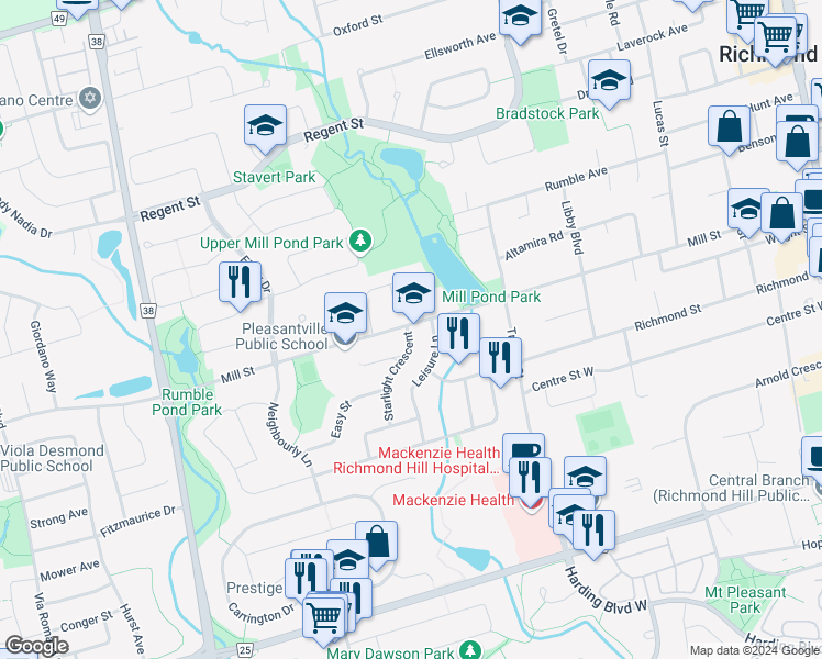 map of restaurants, bars, coffee shops, grocery stores, and more near 89 Starlight Crescent in Richmond Hill
