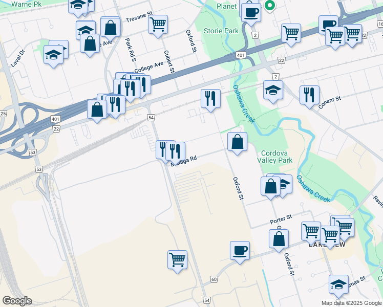 map of restaurants, bars, coffee shops, grocery stores, and more near in Oshawa