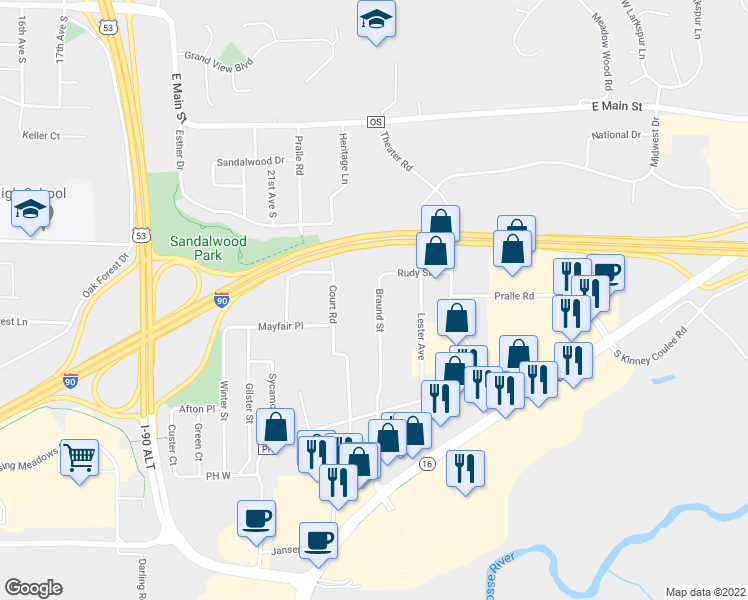 map of restaurants, bars, coffee shops, grocery stores, and more near 546 Braund Street in Onalaska