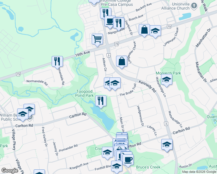 map of restaurants, bars, coffee shops, grocery stores, and more near 82 Aitken Circle in Markham