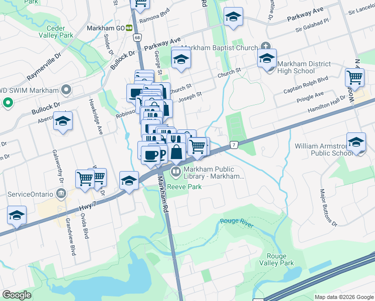 map of restaurants, bars, coffee shops, grocery stores, and more near in Markham