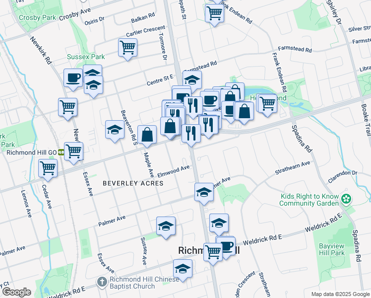 map of restaurants, bars, coffee shops, grocery stores, and more near 9960 Bayview Avenue in Richmond Hill