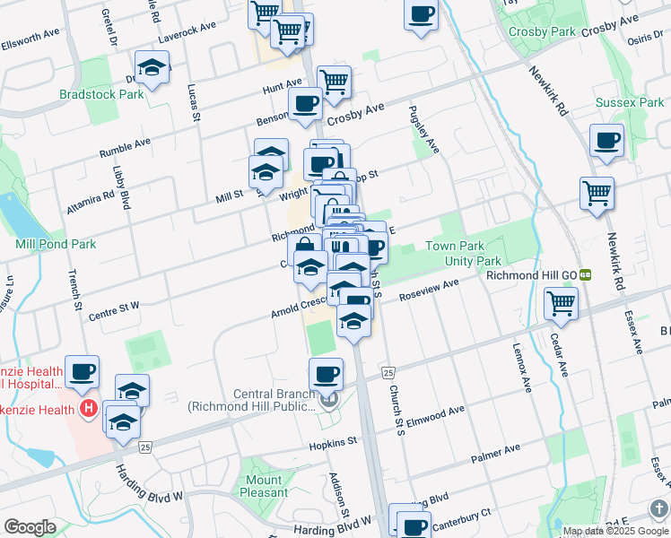 map of restaurants, bars, coffee shops, grocery stores, and more near 10160 Yonge Street in Richmond Hill
