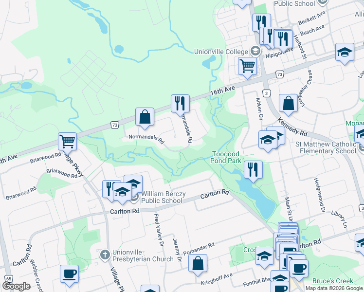 map of restaurants, bars, coffee shops, grocery stores, and more near 60 Normandale Road in Markham