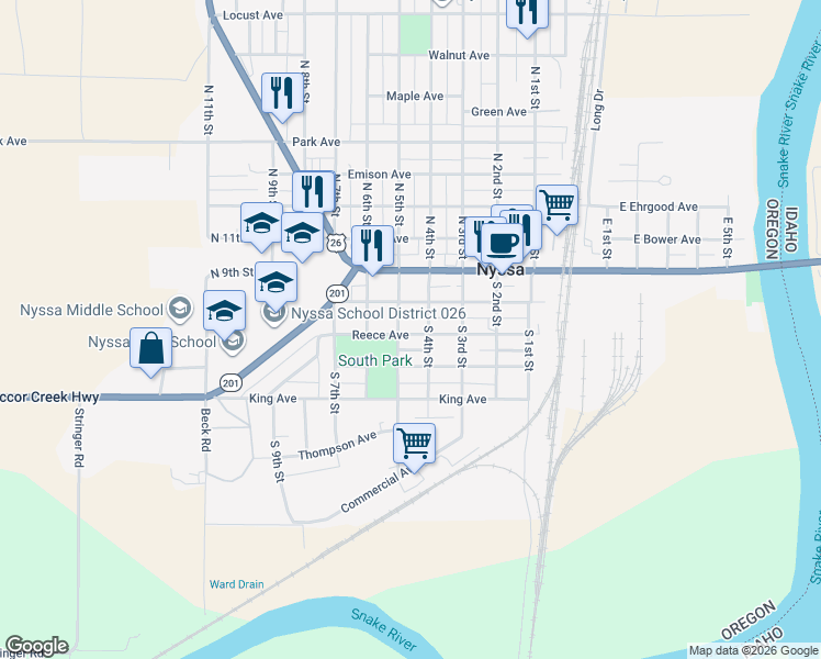 map of restaurants, bars, coffee shops, grocery stores, and more near 412 Reece Avenue in Nyssa