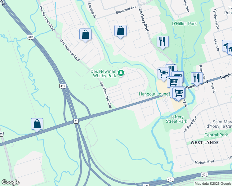 map of restaurants, bars, coffee shops, grocery stores, and more near 17 Bluegill Crescent in Whitby