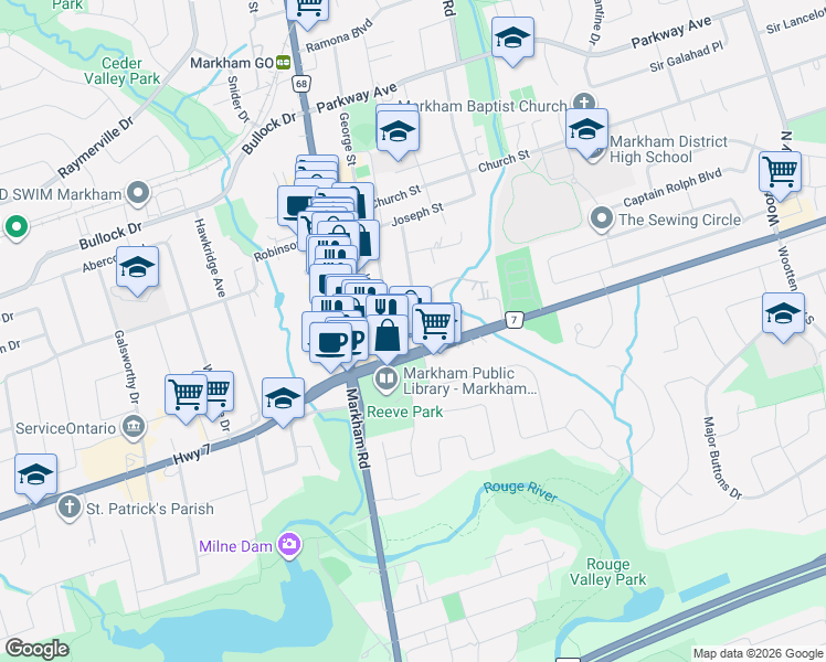 map of restaurants, bars, coffee shops, grocery stores, and more near 6 Albert Street in Markham