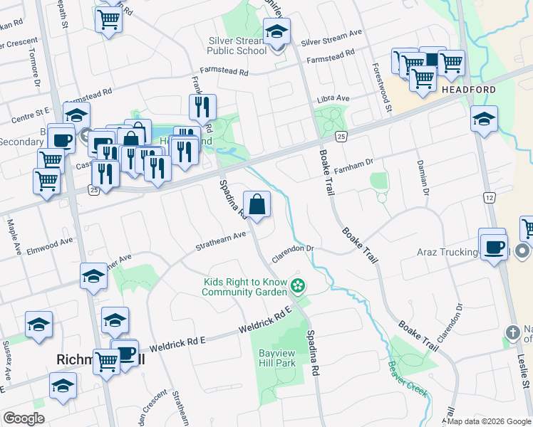 map of restaurants, bars, coffee shops, grocery stores, and more near 20 Crescentview Road in Richmond Hill