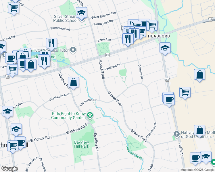 map of restaurants, bars, coffee shops, grocery stores, and more near 221 Boake Trail in Richmond Hill