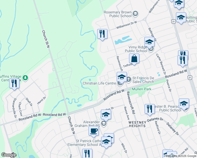 map of restaurants, bars, coffee shops, grocery stores, and more near 22 Macintyre Lane in Ajax