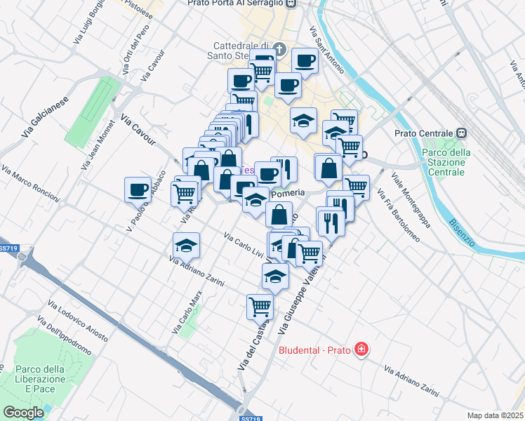 map of restaurants, bars, coffee shops, grocery stores, and more near 28 Via Fratelli Giachetti in Prato