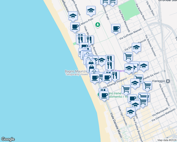 map of restaurants, bars, coffee shops, grocery stores, and more near 47 Via Giuseppe Barellai in Viareggio