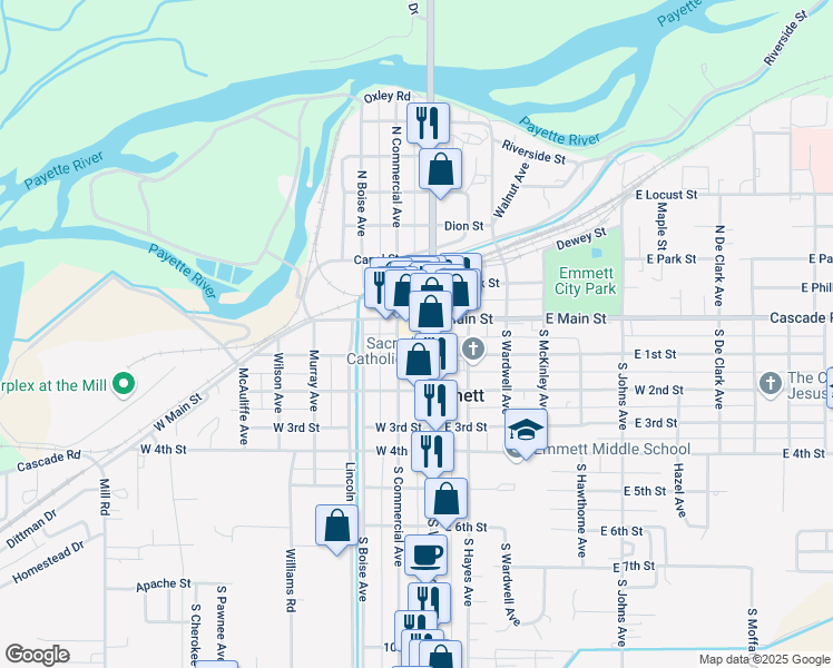 map of restaurants, bars, coffee shops, grocery stores, and more near 124 South Washington Avenue in Emmett