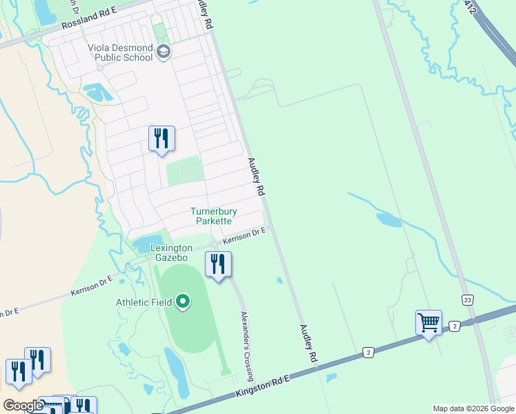 map of restaurants, bars, coffee shops, grocery stores, and more near 82 Silverwood Circle in Ajax