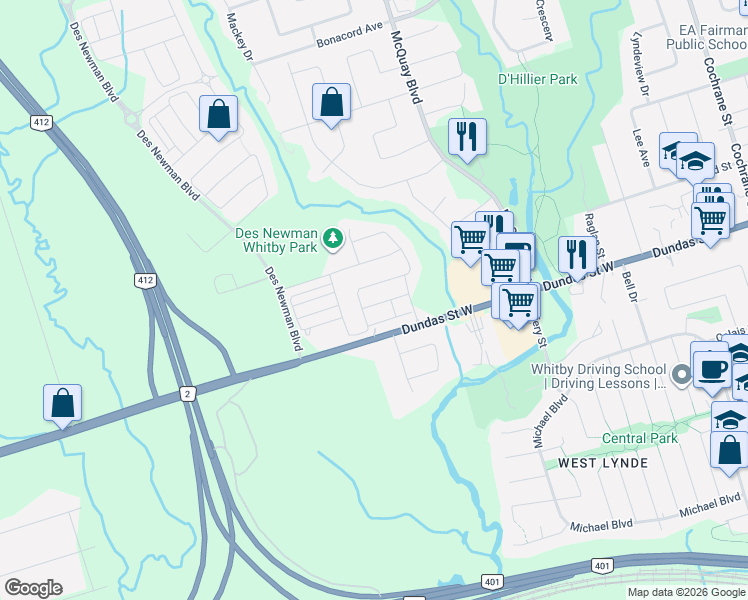 map of restaurants, bars, coffee shops, grocery stores, and more near 38 Hallmark Way in Whitby