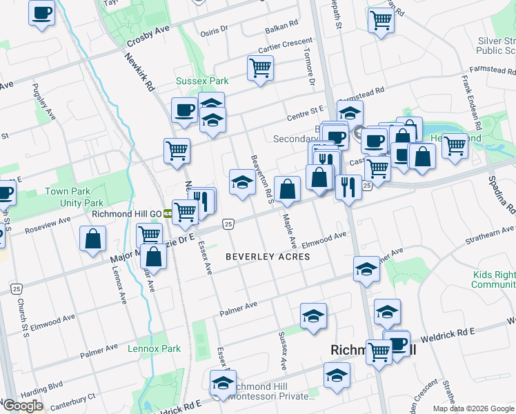 map of restaurants, bars, coffee shops, grocery stores, and more near 95 Sussex Avenue in Richmond Hill
