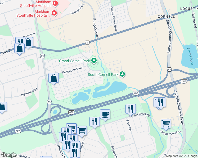 map of restaurants, bars, coffee shops, grocery stores, and more near 45 Wildmoor Street in Markham